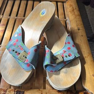 Vintage Blue Suede w/Cherry Print Dr. Scholl’s Original Sandals Sz. 9